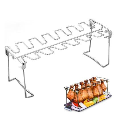 Stainless Steel Folding 14-Slot Outdoor Chicken Leg & Wing Rack with Vegetable Baking Tray for Camping & Barbecue