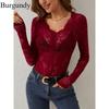 Sexy V-Ausschnitt Base Shirt Damen Herbst und Winter Neue Spitze Einlagig Bequem Abnehmen Langarm Innen Das Oberteil