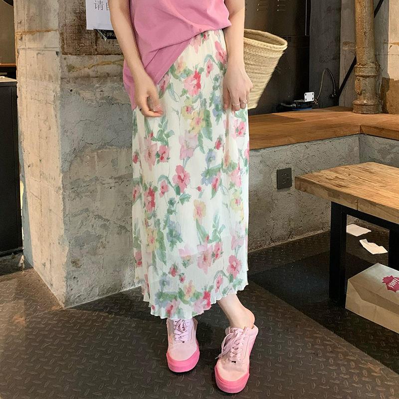 Falda de longitud media de temperamento suave para mujer, falda ajustada de cintura alta con flores trituradas, talla grande