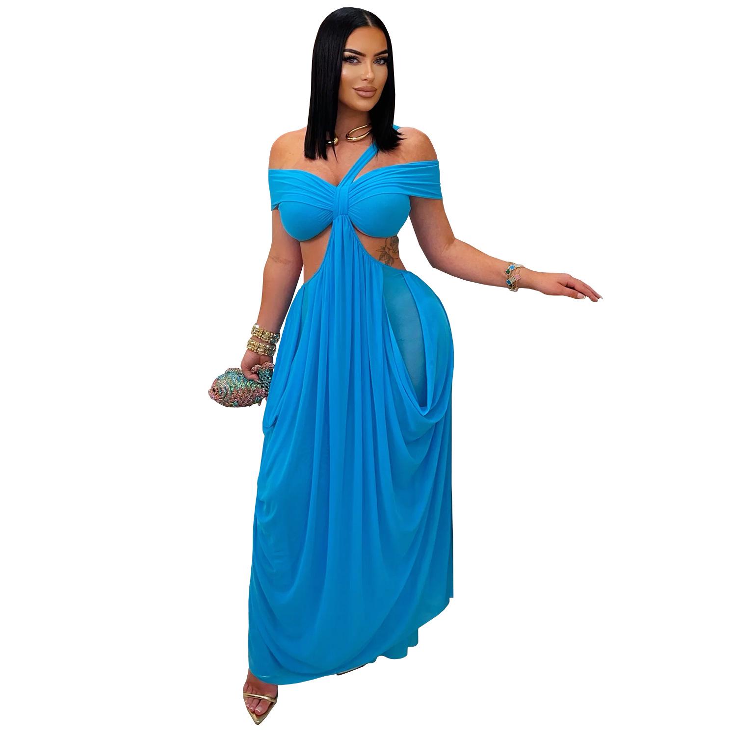 Women s Strapless Slim-Fit See-Through Mesh Dress: Sexy, Fashionable European & American Style (C7430). Small синий