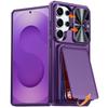 RFID Blocking Phone Case with Wallet Card Holder Raised Bezel and Sliding Lens Cover for Samsung Galaxy S25 Ultra-Purple