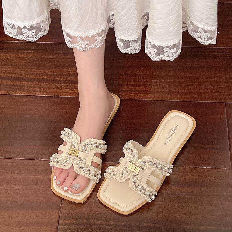 Neue Perlenstrand 2025 Drag Sommer flache Hausschuhe Damenbekleidung weiche Sohle vielseitige H-Sandalen