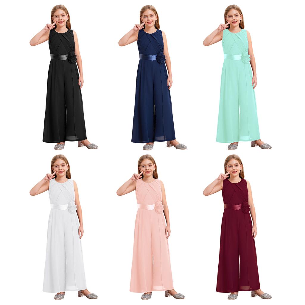 Completo per Feste e Celebrazioni per Bambine: Tuta in Chiffon con Volant e Fiore Amovibile, Vita Alta con Cintura per Eventi