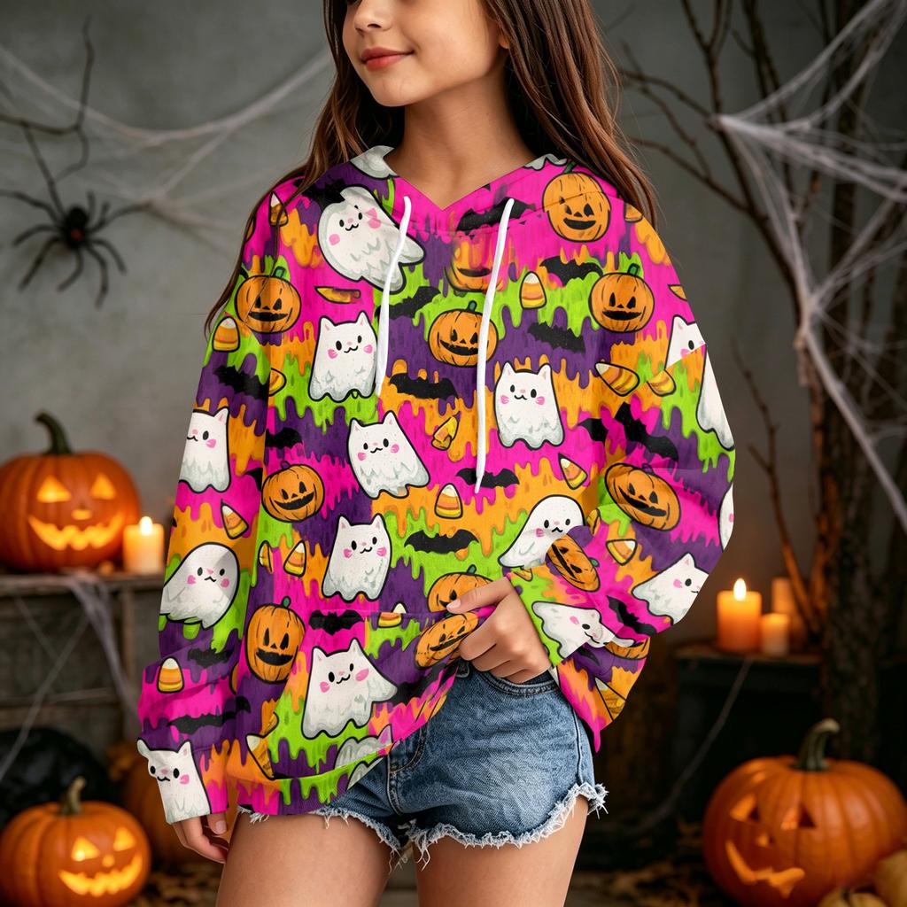 Kids' Halloween Print Hooded Sweatshirt - Casual Pullover for Boys and Girls