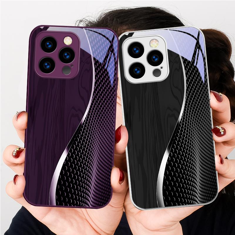 Wood Grain Mesh Black For iPhone 16 E 15 14 13 Plus 12 Mini 11 Pro Max XR Xs X 7 8 P Lus 6 6S 22 16E Tempered Glass Phone Case