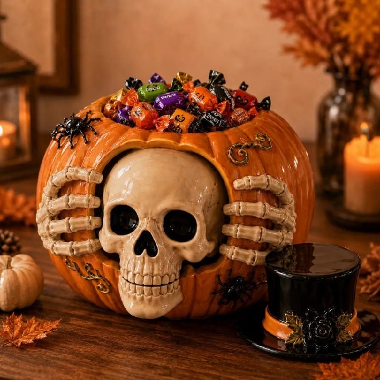 Skull Face Pumpkin Resin Resin Candy Jar Halloween Candy Storage Container for Entry Table Use, Dessert Table Service, Shelf Display, and Small Snack