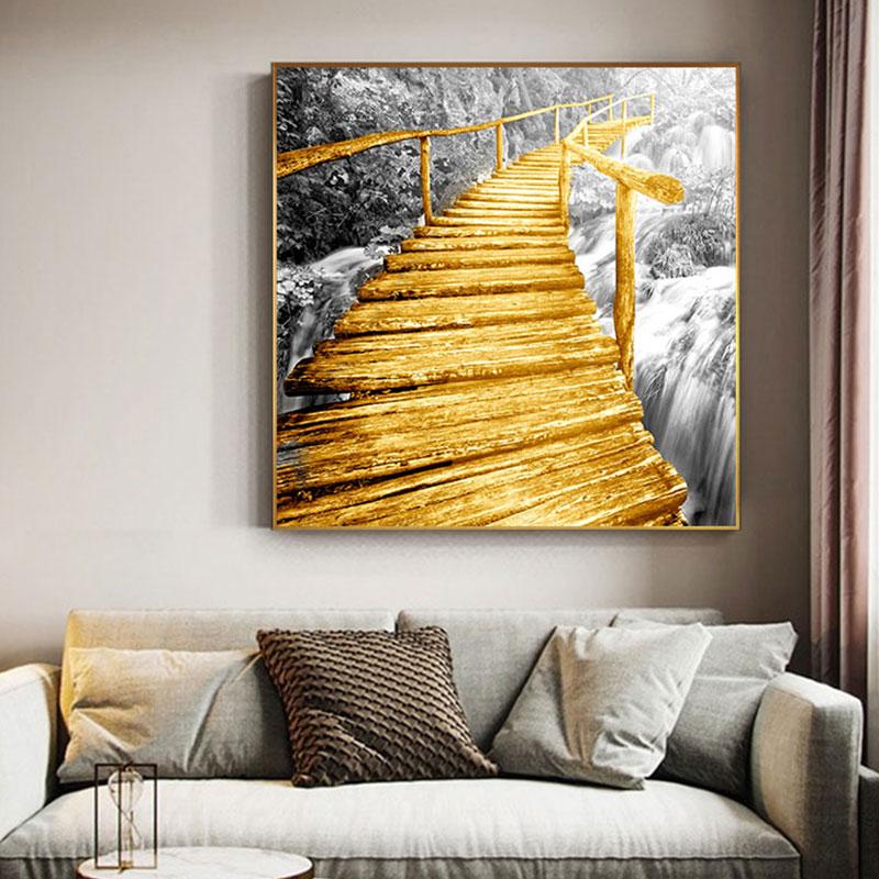Abstract Golden Yellow Bridge Canvas Painting Industrial Posters for Living Room Decor Grey Wall Art Tableau Decoration Mural