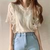 O-neck Short Sleeve Loose Summer Blouse Casual Lace Hollow Out Elegant Shirt Workwear