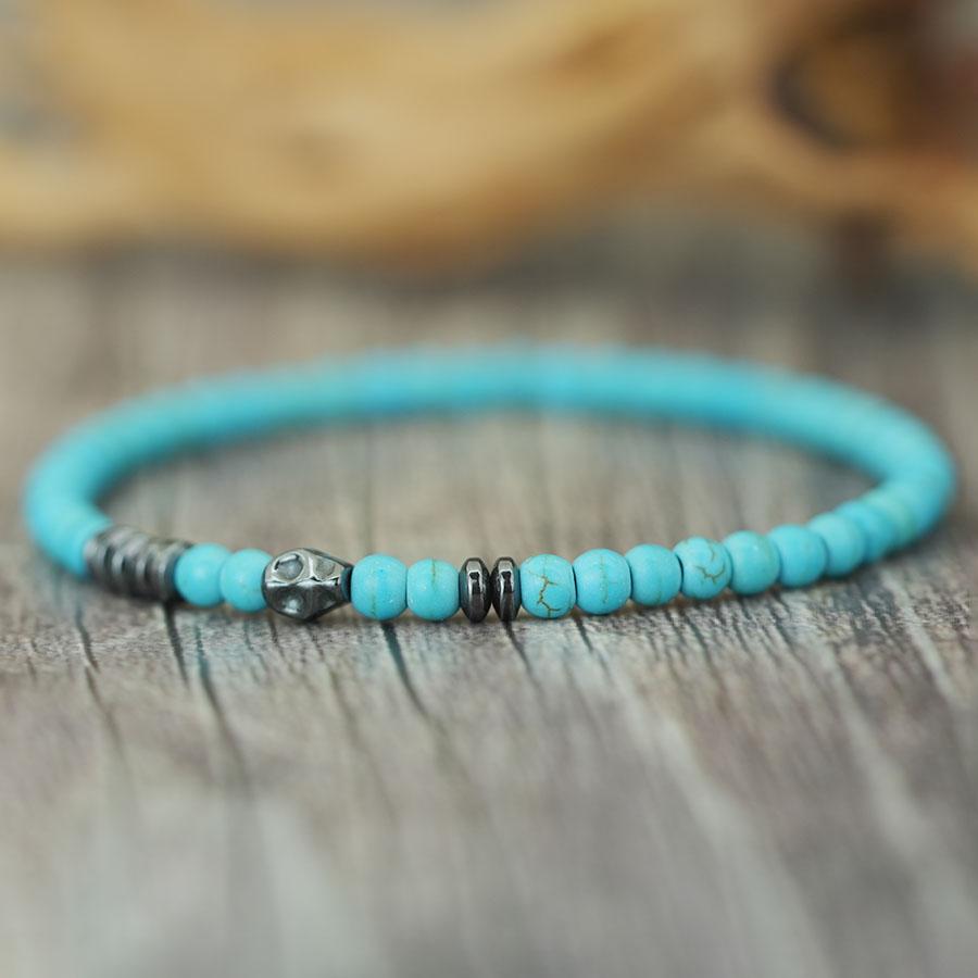 Stylish Men Skull Bracelet 4mm Onyx Howlite Obsidian Stone Strand Braslet Street Cool Riding Wrist Accessories Pulseria Hombre