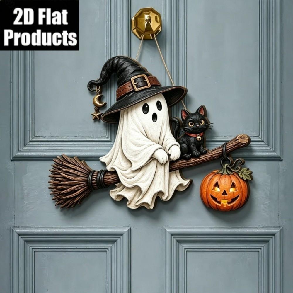 2D Flat Halloween Wooden Ghost Door Hanger Gothic Broom Ghost Hanging Wall Plaque Front Door