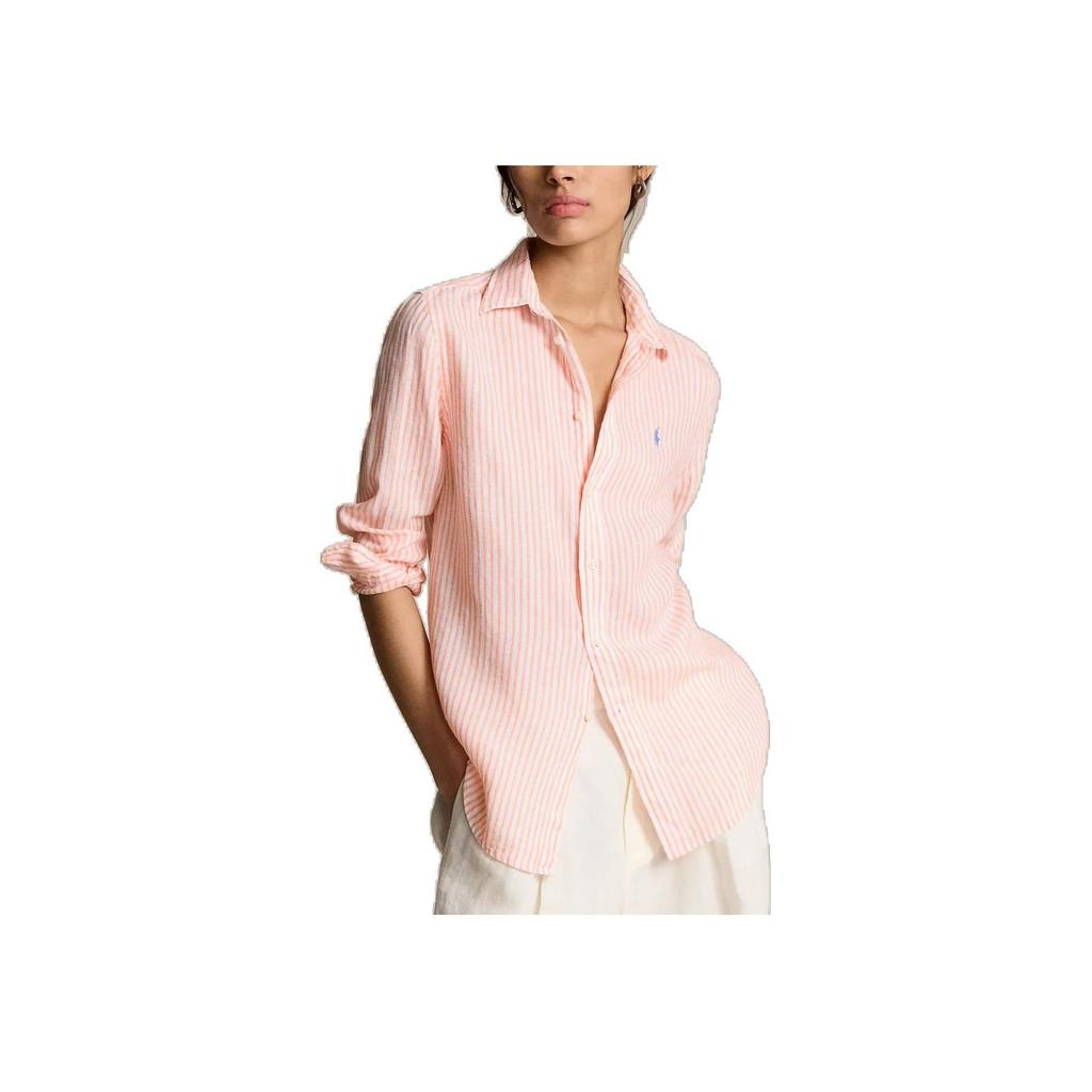 Polo Ralph Lauren Striped Logo Polo Collar Button-Down Long Sleeve Shirt Women Shirts Orange 211910644-009