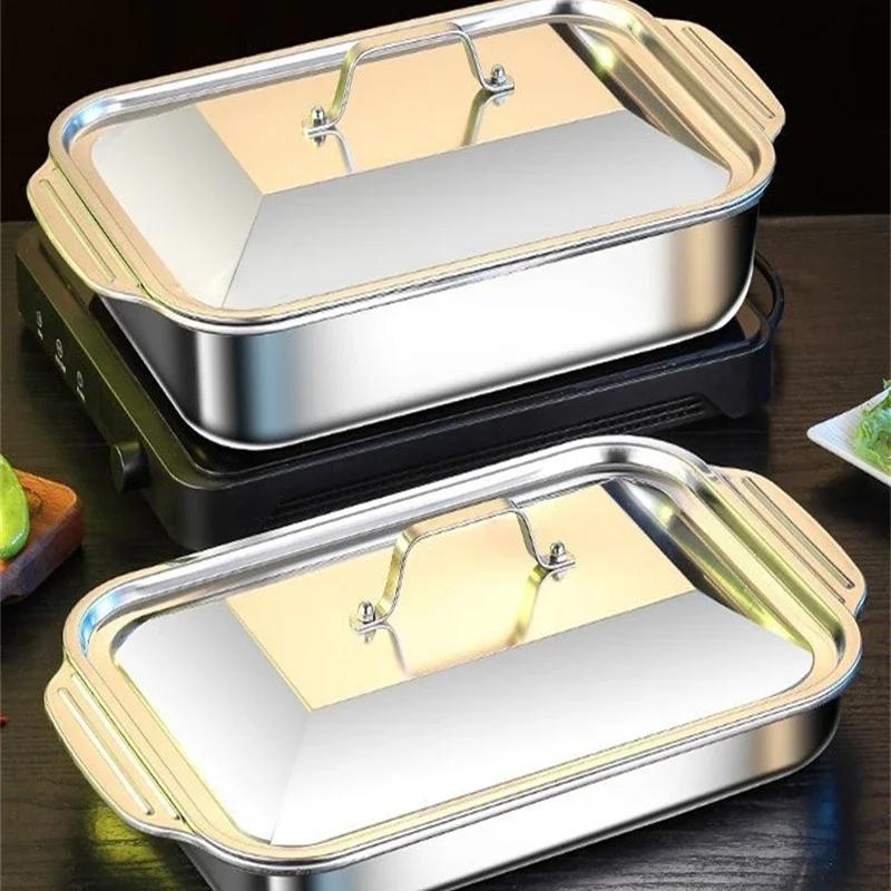 Stainless Steel Grilled Fish Tray BBQ Tray Rectangular Double Ears with Lid BBQ Non-stick Deep Baking Pan for Induction Cooker