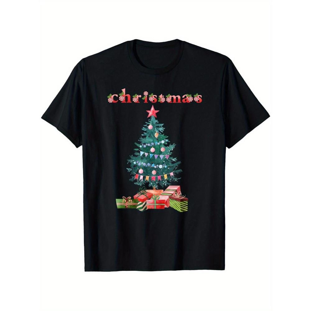 

Christmas Tree Watercolor T-Shirt Black with Pink Bow Golden Star Holiday Design Casual Sleeve Short Sleeve Casual S