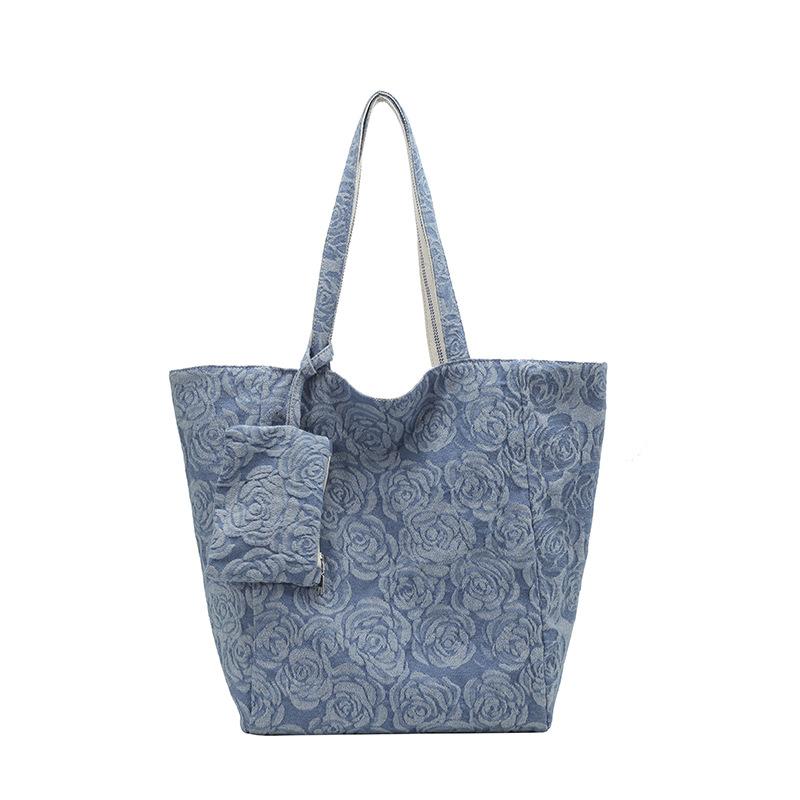 Xiaoxiangfeng camellia denim bag women's large-capacity tote bag 2025 new shopping bag commuter shoulder bag