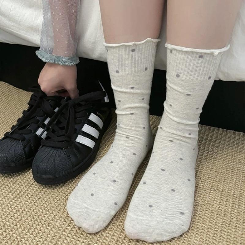 Women's Summer Thin Ballet-style Wooden Ear Side Polka Dot Long Tube Pile Socks