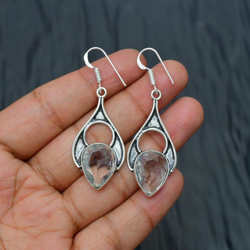 White Topaz Gemstone Handmade 925 Sterling Silver Jewelry Earring