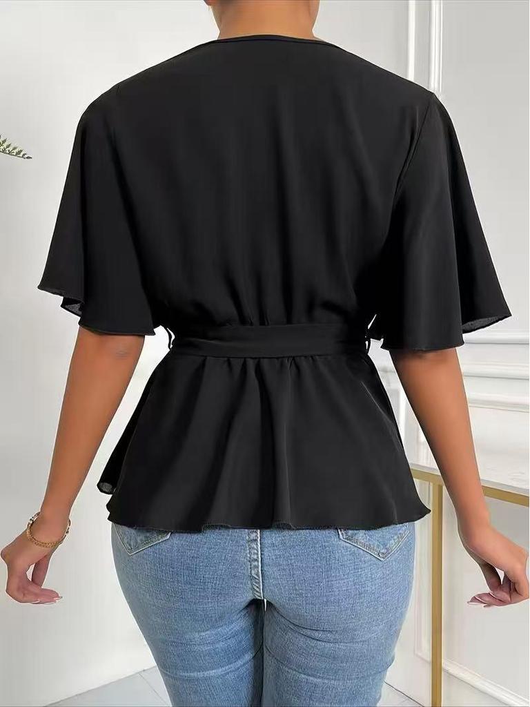 European & American Hot Selling Solid Color Elastic Waist Flare Sleeve Women's Summer Top
