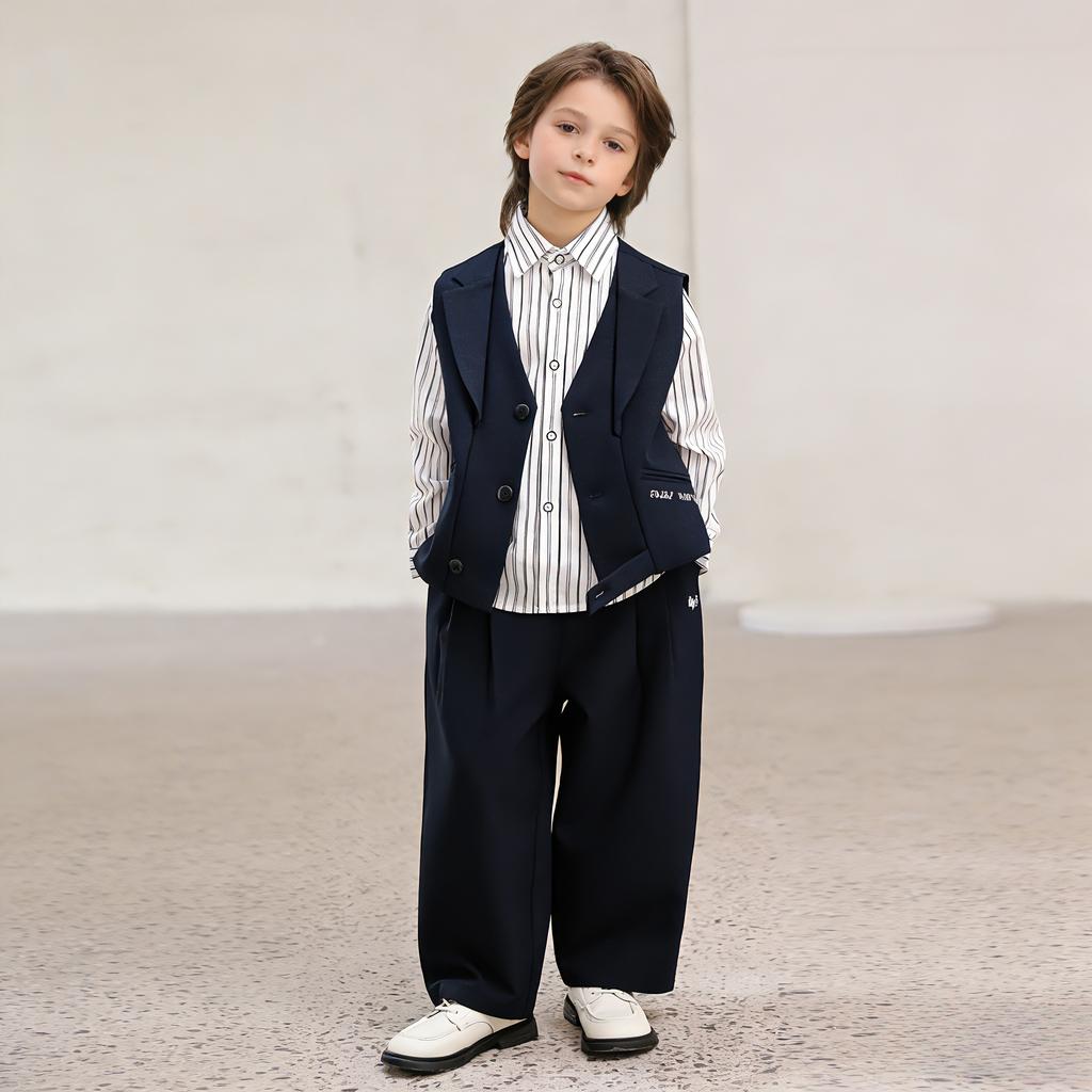 Completo Formale a Righe per Ragazzi Camicia Gilet Pantaloni Outfit da Gentiluomo per Bambini Matrimonio Festa di Compleanno Sfilata Diploma Abito Completo