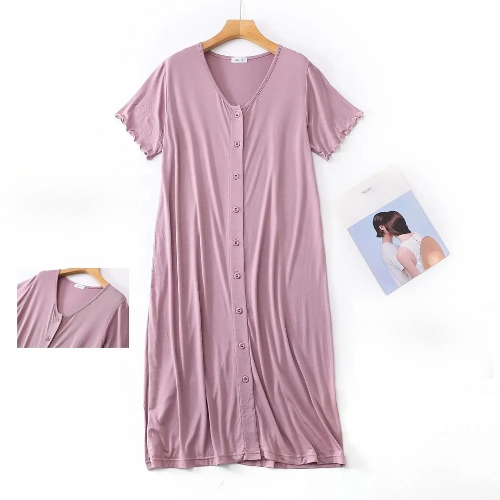 Modal Short-sleeved Mid-length Sleep Tops Night Dress with Button for Women Sleepwear Cotton Cardigan Plus Size Sleep Dress