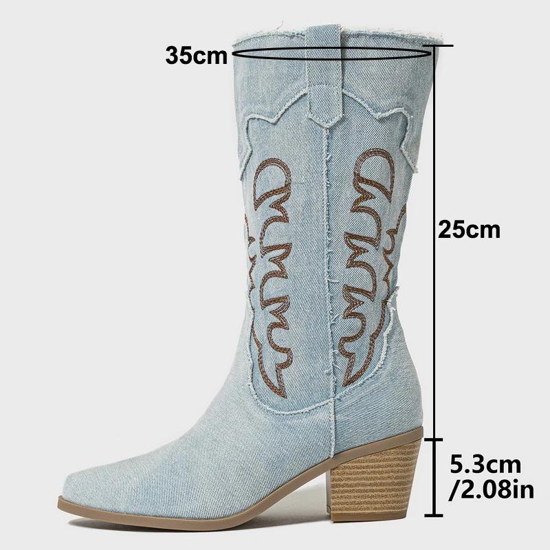 Women Embroidered Denim Western Boots Height Increasing Square Heel Mid-calf Boots for Office Nightclub Evening Party Banquet