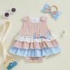 Newborn Girl Outfit, Sleeveless Plaid Patchwork Romper Dress with Bowknot Hairband Summer Clothes