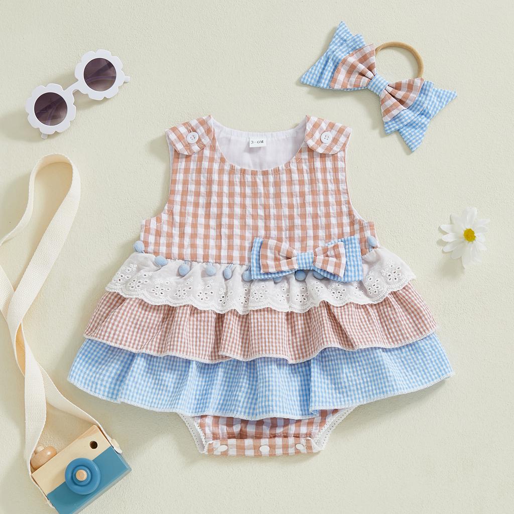 Newborn Girl Outfit, Sleeveless Plaid Patchwork Romper Dress with Bowknot Hairband Summer Clothes