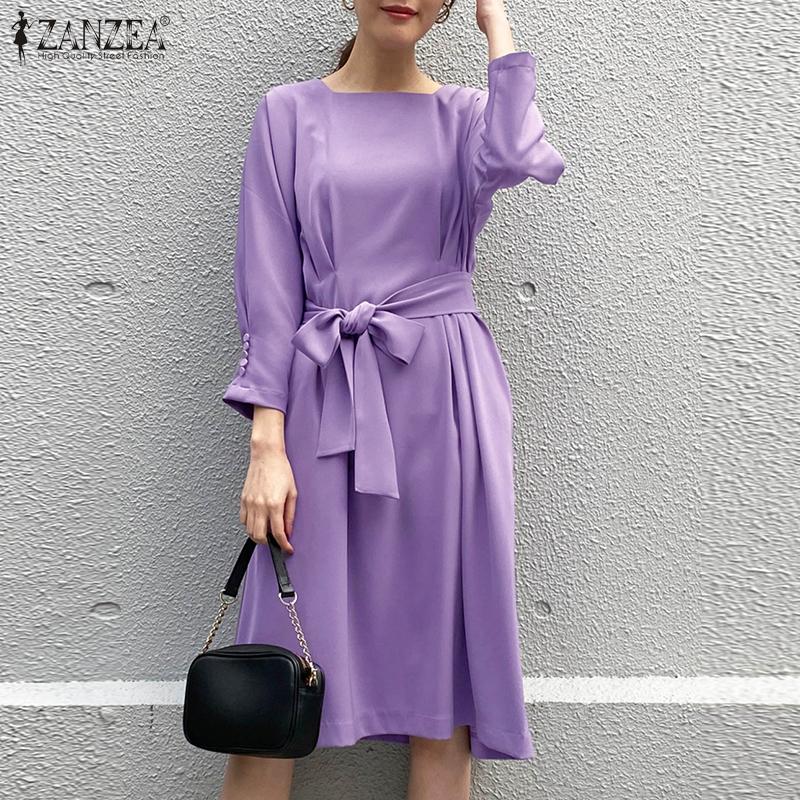 

ZANZEA Женское повседневное свободное летнее платье с круглым вырезом и длинными рукавами