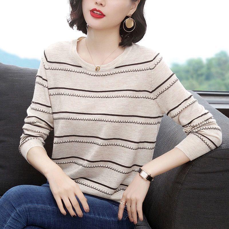Women's Round Neck Sweater Thin Loose Loose Spring New Long-sleeved Sweater Middle-aged Mother's Casual Top