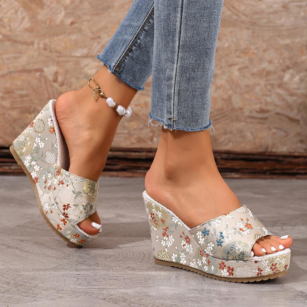 Fashion Women's Platform Slippers Vintage Floral Print Peep Toe Wedge Women's High Heels Floral Print Women's Slippers Summer Shoes