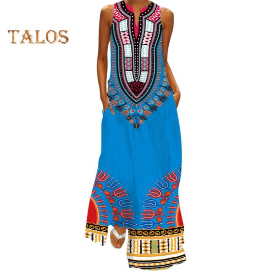 Vestido longo de verão com ombros de fora, sem mangas, linha A, retrô, colorido, estilo étnico, estampado, decote em V, bolsos laterais, comprimento total, vestido longo