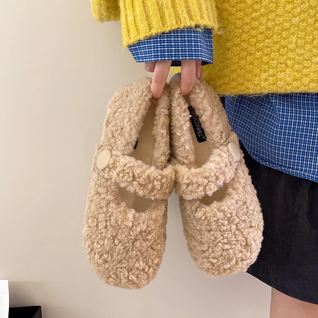 Gentle Fairy Wind Round Head Word with Lamb Wool Shoes Female Autumn and Winter Wear Flat-bottomed Pregnant Women Warm Bean Cotton Shoes