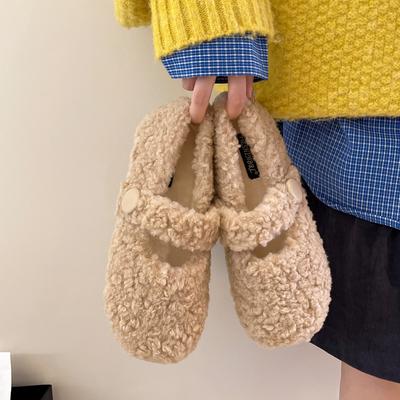 Gentle Fairy Wind Round Head Word with Lamb Wool Shoes Female Autumn and Winter Wear Flat-bottomed Pregnant Women Warm Bean Cotton Shoes