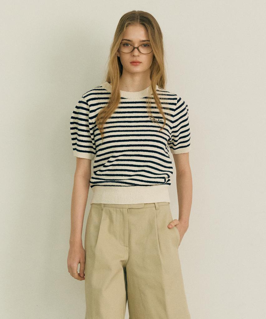 OSTKAKA Striped Boucle Short Sleeve Knit Navy