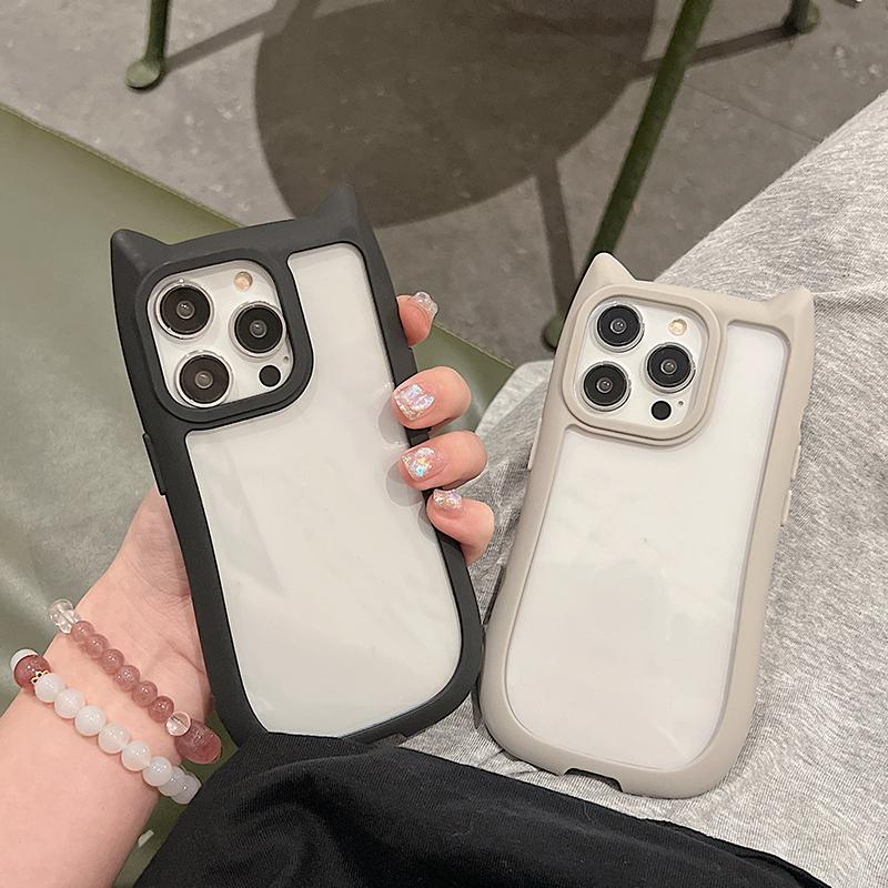 Cute 3D Cat Ear Transparent Phone Case For 17 16E 16 15 14 Plus 13 12 11 Pro Max Cartoon Lovely Shockproof Clear Cover