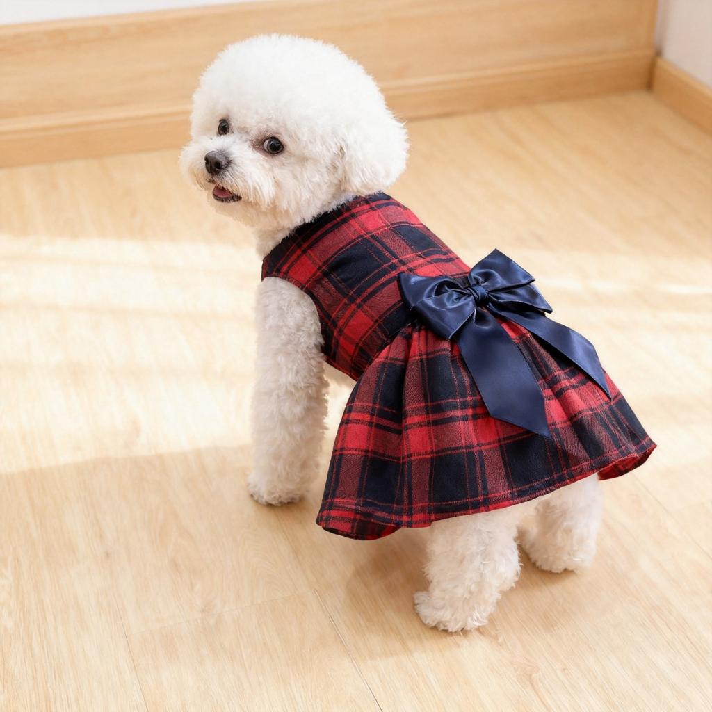 1PC Large Plaid British Style Double-layer Bow Dress Suitable for Wearing Dog Clothing All Year Round, Pet Dog