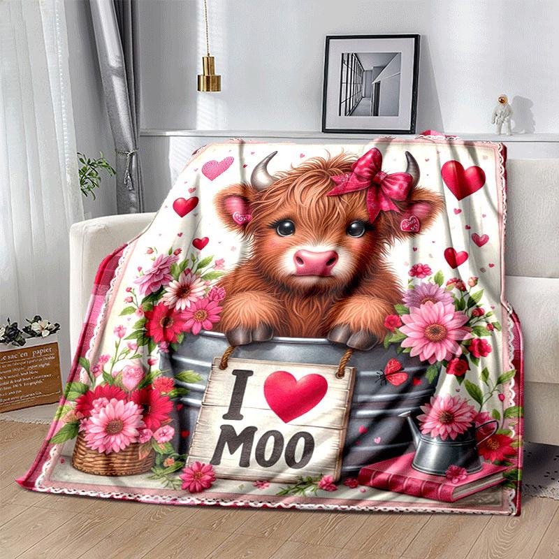 1pc Highland Cow Printing Lightweight Flannel Blanket, Comfortable and Warm Blanket, for Camping Sofa Bed and Couch Office, in All Seasons