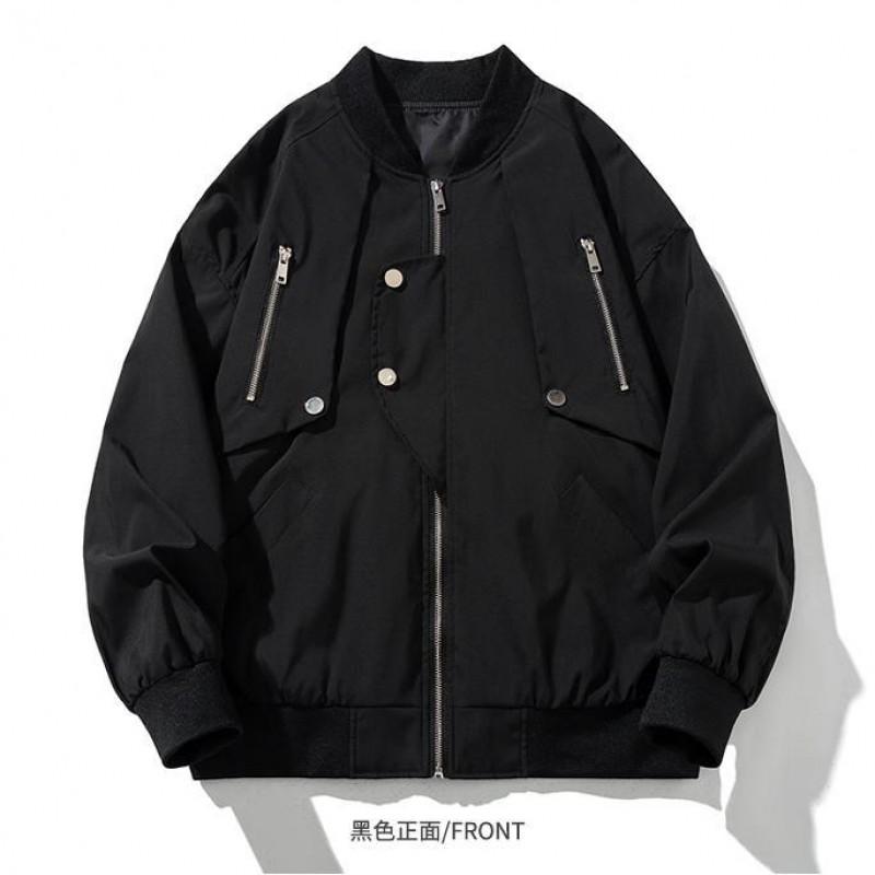 Black Stand Collar Zip-Up Oversized Utility Jacket Men Women Streetwear Casual Bomber Coat