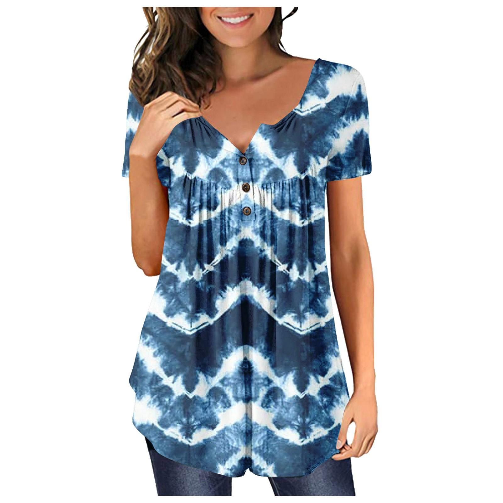 

Жіночий повсякденний модний пуловер із принтом із короткими рукавами та V-подібним вирізом XXXL Темно-синій