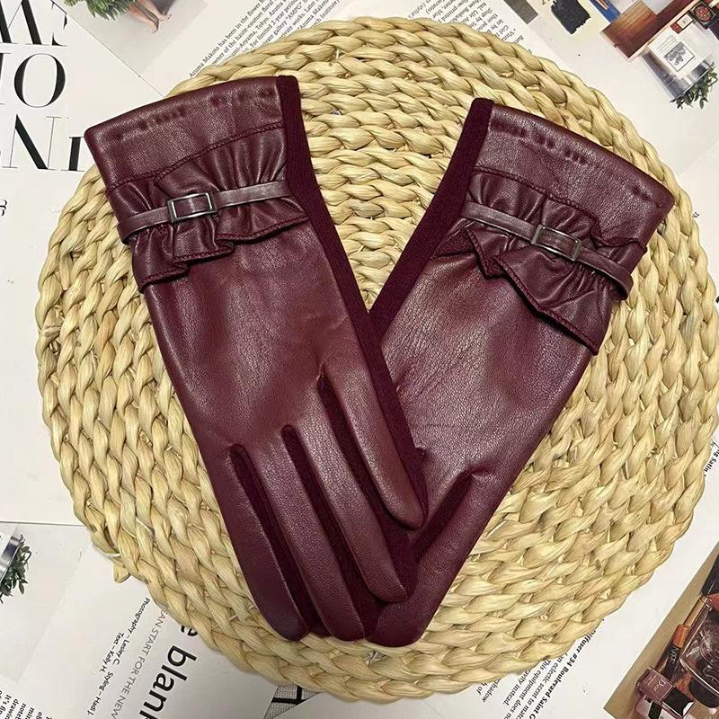 

Перчатки женские осенние флисовые теплые перчатки из искусственной кожи для сенсорного экрана велосипедные утолщенные перчатки из кожи для вождения с защитой от холода one size fits all бордовый