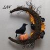 Fabric Wall Hanging Decor Halloween Door Sign, Artificial Floral Branch Crow Moon Hanger with Themed Event Decorations Bird, Spooky Window Yard