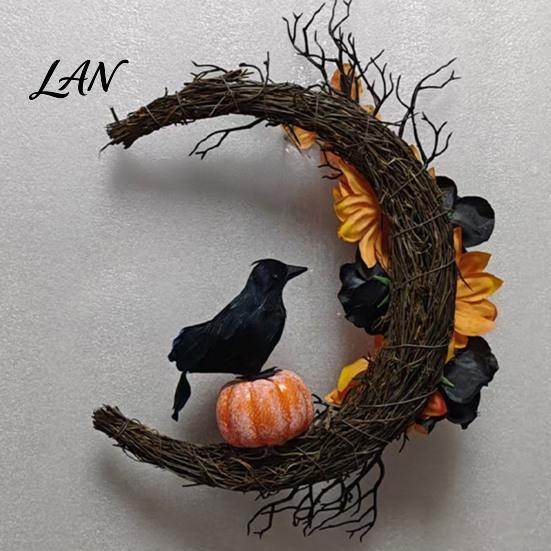 Fabric Wall Hanging Decor Halloween Door Sign, Artificial Floral Branch Crow Moon Hanger with Themed Event Decorations Bird, Spooky Window Yard
