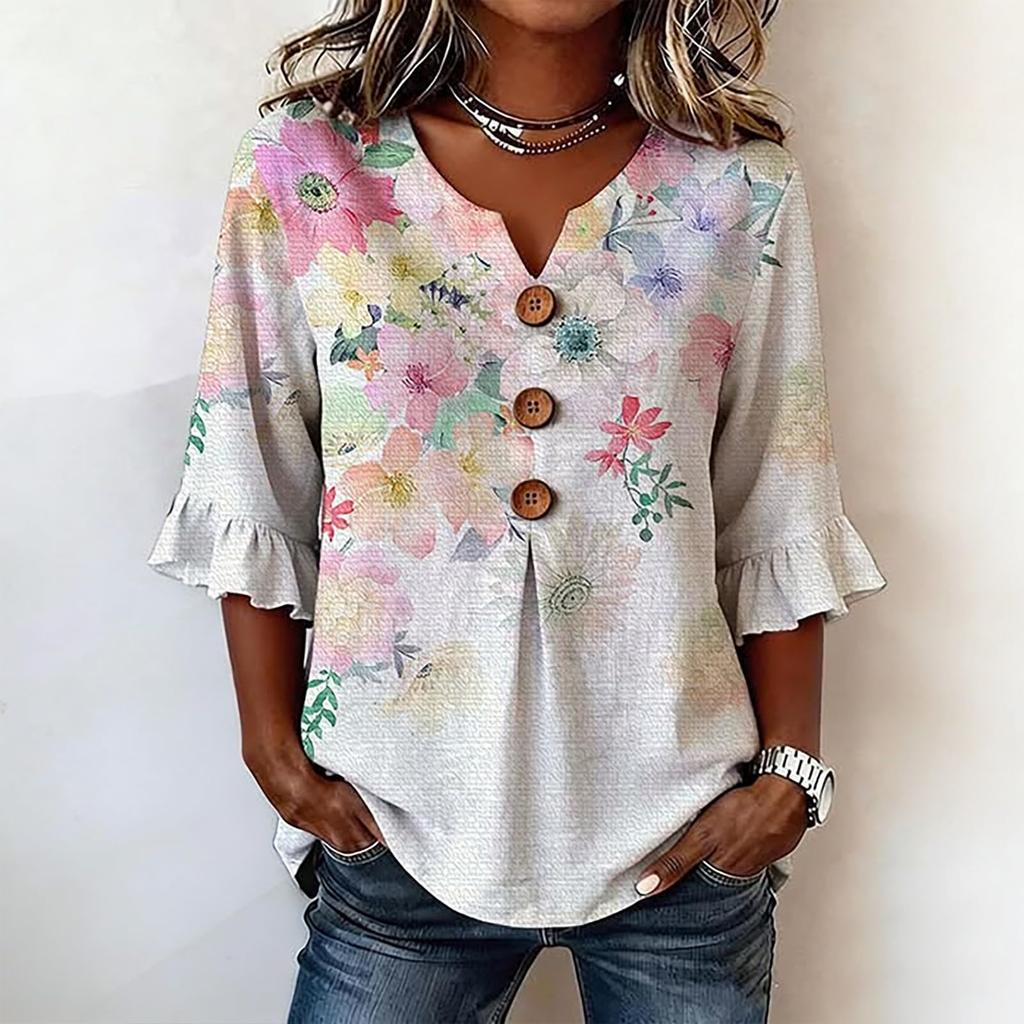 Women V Neck Floral Print Button Front Loose Fit Blouse Ruffle Sleeve Casual Top for Everyday Wear