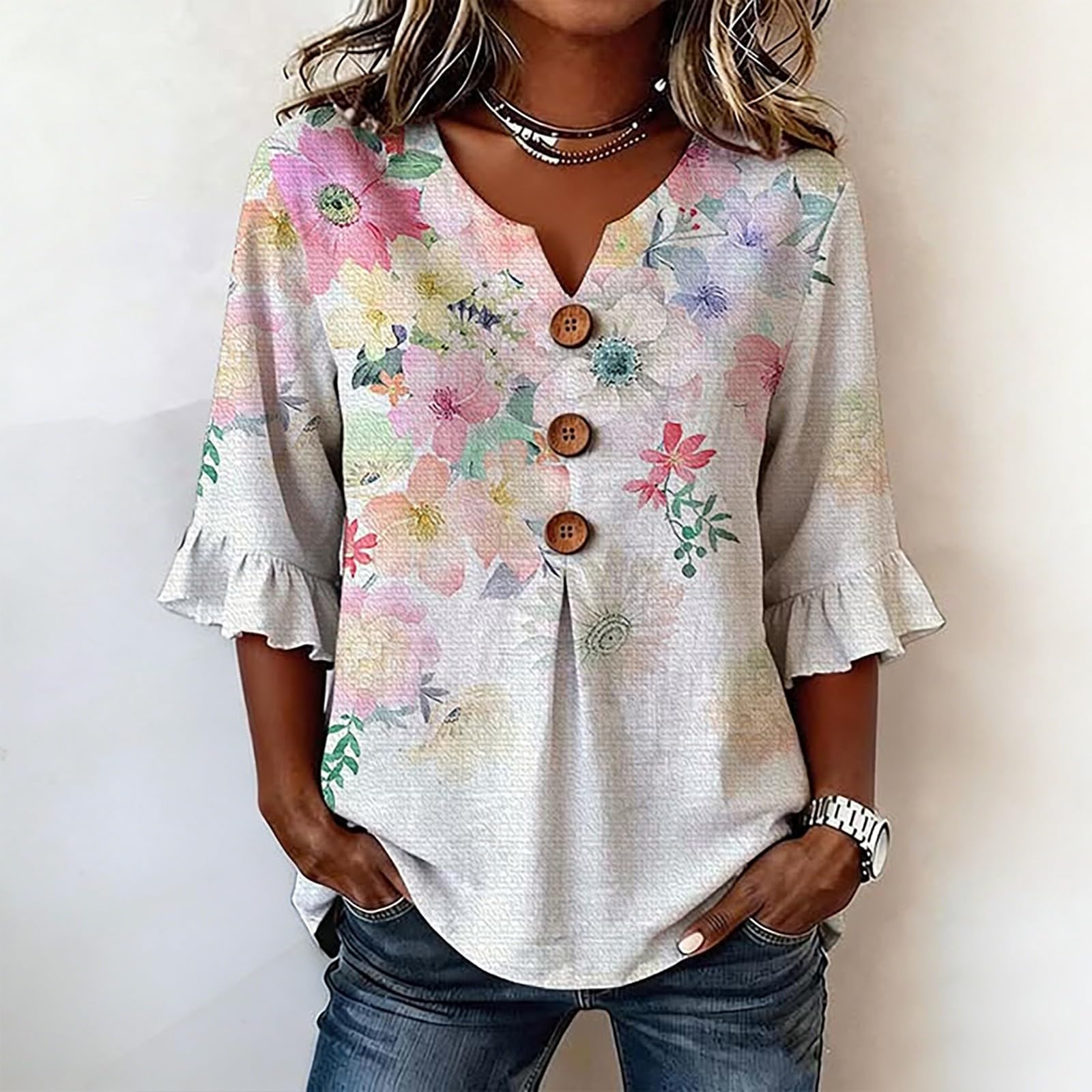 

Women V Neck Floral Print Button Front Loose Fit Blouse Ruffle Sleeve Casual Top for Everyday Wear S