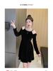 French Hepburn Off-Shoulder Velvet Little Black Dress - Retro Court Style, Petite Princess Dress