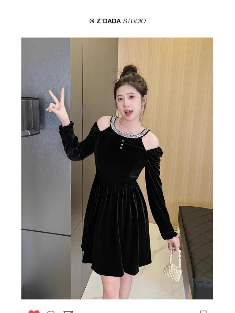 French Hepburn Off-Shoulder Velvet Little Black Dress - Retro Court Style, Petite Princess Dress