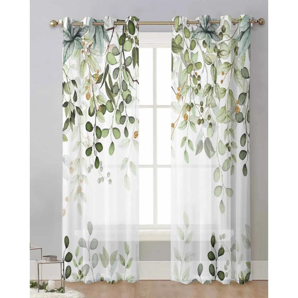 Abstract Sage Green Leaves Branches Sheer Curtains for Living Room Decoration Window Curtain Kitchen Tulle Voile Organza Drapes