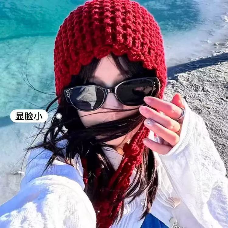 Hand-woven Hollow Bald Hat Warm Wool Hat Women's Ethnic Style Fringed Ear Protector Knitted Hat