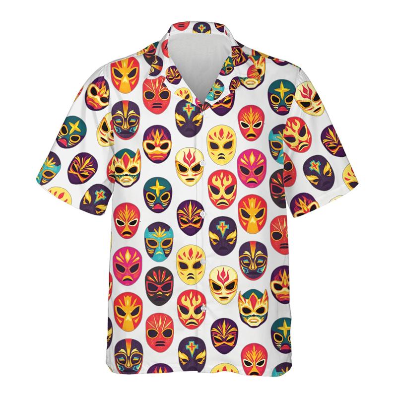 Maglietta da uomo con stampa 3D Maschera da wrestling messicana Lucha Libre Manica corta Collo a revers Top Estiva Street Camicie Hawaiane