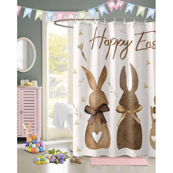 Happy Easter Shower Curtain Bunny Bathroom Curtains with Hooks, Waterproof Fabric Flower Carrot Rabbit Shower Curtains Set for Bathroom Bathtubs