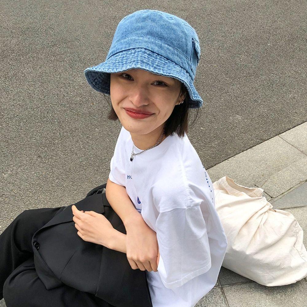 Solid Color Denim Bucket Hat Travel Fisherman Cap Fashion Pocket Sun Hats  Men Women